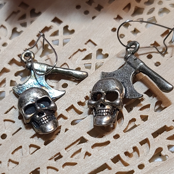 Vintage Jewelry - Vintage Silver Skull and Axe Earrings